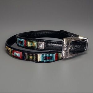 Vintage Brighton Black Leather Beaded Southwestern Style L Size 34 1990s Belt